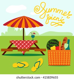 Outdoor place for summer picnic with table, basket, food on the grass