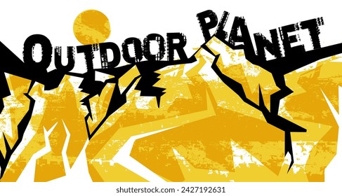Outdoor planet. Off road expo. Off-Road hand drawn grunge lettering. Tire track words made from unique letters. Vector illustration. Editable background in black, yellow colors. Landscape poster