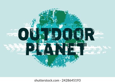 Outdoor planet. Off road expo. Off-Road hand drawn grunge lettering. Tire track words made from unique letters. Vector illustration. Editable background in black, blue colors. Landscape poster