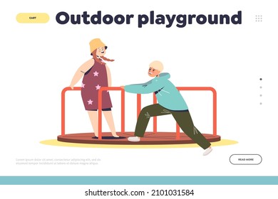 Outdoor Playground Concept Of Landing Page With Kids Playing On Merry Go Round Carousel. Small Funny Boy And Girl Enjoy Riding Swings. Childhood And Fun Activity. Cartoon Flat Vector Illustration