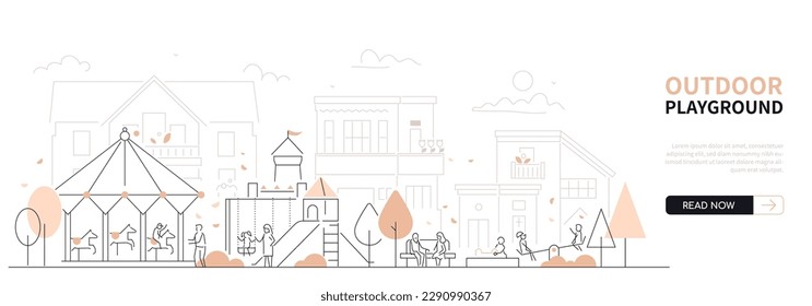 Outdoor playground - modern thin line design style vector banner on white urban background. Composition with children carousel, swings, slides, castle and sandbox. Happy childhood and recreation