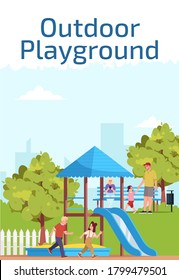 Outdoor playground poster template. Commercial flyer design with semi flat illustration. Kids recreation. Vector cartoon promo card. Children playpark, kindergarten advertising invitation