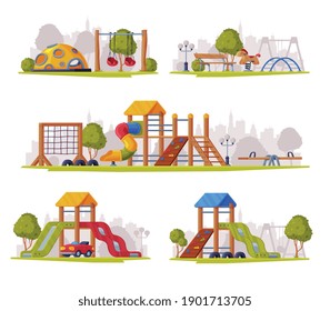 Outdoor Playground as Urban Summer Public Area for Playing Vector Set