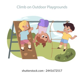 Outdoor Playtime concept. Children climbing and enjoying playground equipment, fostering physical development and social interaction. Celebrates active outdoor fun.