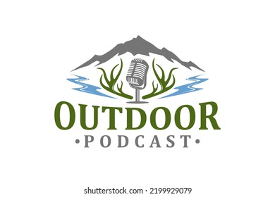 Outdoor Podcast Logo Mountain Deer Antler River Lake Icon Symbol Nature Landscape