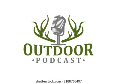 Outdoor podcast microphone and Deer antlers logo design illustration 