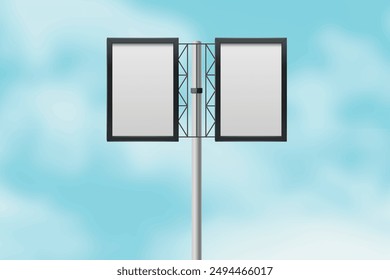 Außenmast-Plakatwand mit Mock-up-Weißbildschirm auf blauem Himmelshintergrund mit Beschneidungspfad, Große leere Plakatwand für Außenwerbung mit Kopierraum, Außenmast-Plakatwand mit Mock-up-Weiß