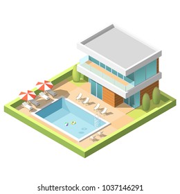 Outdoor Pool For Swiming Near Hotel Isometric Vector Illustration