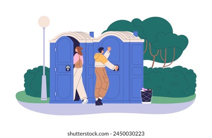 Aseos portátiles al aire libre en la calle. Baño público en el parque de la ciudad. Personas que van a las cabinas químicas móviles del WC, armario para el hombre y la mujer. Ilustración vectorial plana aislada sobre fondo blanco