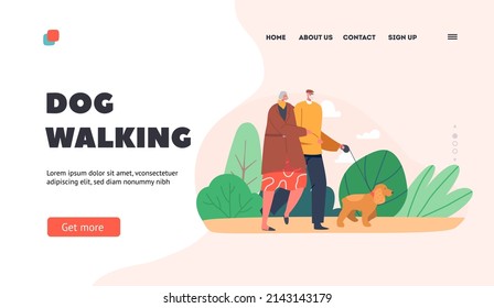 Outdoor Promenade With Pet Landing Page Template. Elderly Couple Characters Walking With Dog at Park. Happy Mature Man and Woman Talking, Spending Time Together. Cartoon People Vector Illustration