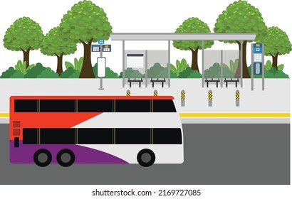 Outdoor public bus stop in Singapore, public transport, double decker bus