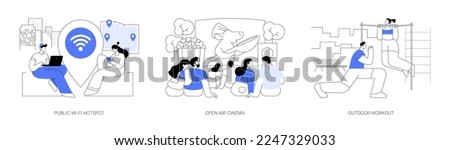 Outdoor and public facilities abstract concept vector illustration set. Public wi-fi hotspot, open air cinema, outdoor workout, city center Wi-Fi, street gym, movie theater, cycling abstract metaphor.