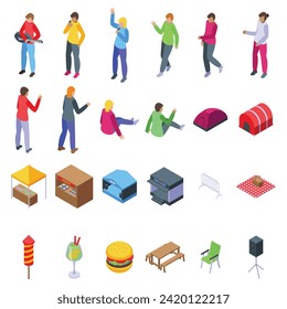 Outdoor public party performance icons set isometric vector. Air live concert. Concert festival