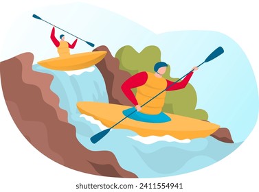 Outdoor rafting on dangerous alpine water, professional male extreme hobby activity cartoon vector illustration, isolated on white. Modern sporting event, concept descent mountain river.