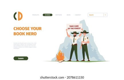 Outdoor rangers landing. National park protective persons job in wood camping scout adventure in forest garish vector web page template