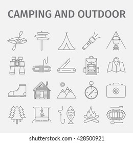 Outdoor recreation. Outdoor activity. Adventure recreation. Tourism, leisure, camping, travel, backpacking, walking, hiking. Thin line icon set. Vector illustration.