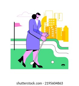 Outdoor recreation area isolated cartoon vector illustrations. Smiling woman plays mini golf outdoors in special recreational zone, smart office lifestyle, modern workplace vector cartoon.