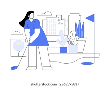Outdoor recreation area isolated cartoon vector illustrations. Smiling woman plays mini golf outdoors in special recreational zone, smart office lifestyle, modern workplace vector cartoon.