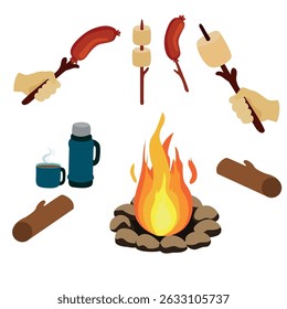Outdoor recreation. A campfire, a thermos and a mug of tea, food on branches for roasting on a campfire. Vector drawing.
