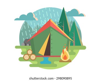 Outdoor Recreation Camping. Tent and travel, recreation and picnic, adventure tourism. Flat vector illustration