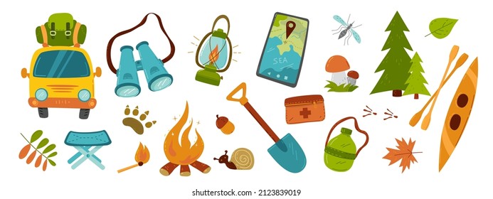 Outdoor recreation. A car with a backpack on the roof, a bonfire, binoculars, a lantern, a kayak, a map in a smartphone, mushrooms, a shovel, a flask, a first aid kit.