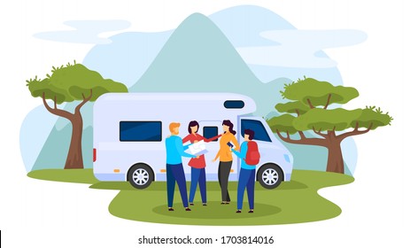 Outdoor recreation, character people rest, national park, motorhome, camping site, flat vector illustration. Human male, female plot route, country travel, group of people wild rest.