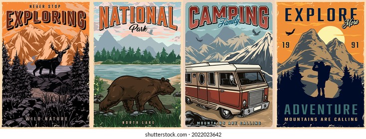 Outdoor recreation colorful posters with travel bus deer and bear on nature landscapes traveler with binoculars looking at mountains and birds vector illustration