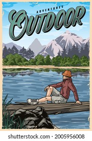 Outdoor recreation colorful vintage poster with traveler sitting on fallen tree over river on forest and mountains landscape vector illustration