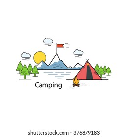 Outdoor recreation concept. Flat camping travel icons vector illustration
