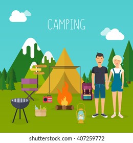 ?amping and outdoor recreation concept with flat camping travel icons. Young people having a camping. Vector illustration.