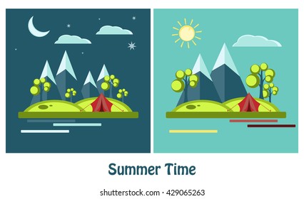 Outdoor recreation concept with flat camping travel icons vector illustration. Vector signs, elements for your design. Sun, clouds, mountains vector elements. Day and nigh flat vector design. Eps10