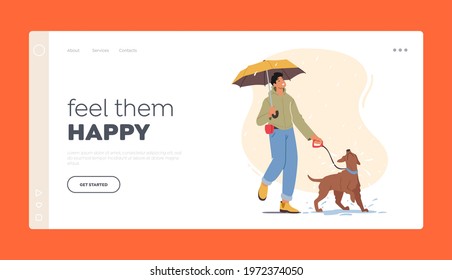Outdoor Recreation with Domestic Animal Landing Page Template. Young Man Walking with Playful Dog at Rainy Weather, Male Character with Umbrella Walk with Pet at Morning. Cartoon Vector Illustration