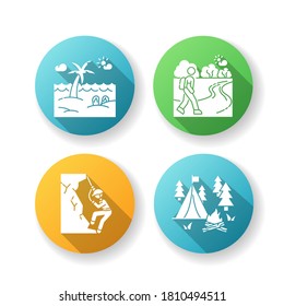 Diseño plano de recreo al aire libre con iconos de glifos de sombra larga. El descanso activo y el turismo natural. Estación balnearia de verano, montañismo y camping. Ilustraciones de color RGB de silueta