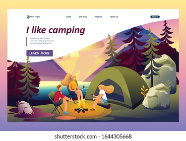 Outdoor recreation friends by the fire at sunset, camping. Flat 2D character. Landing page concepts and web design.