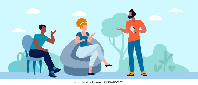 Outdoor recreation with friends, girl and guys.Camping. The girl and the guys are talking. Emotional conversation. Vector illustration