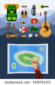 Outdoor recreation hiking equipment infographic set on mountains landscape. Backpacking belongings collection. Tourist hand planning walking route on map with travel elements. Camping eps illustration
