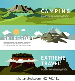 Outdoor recreation horizontal banners with mountain landscapes for different types of tourism and traveling vector illustration