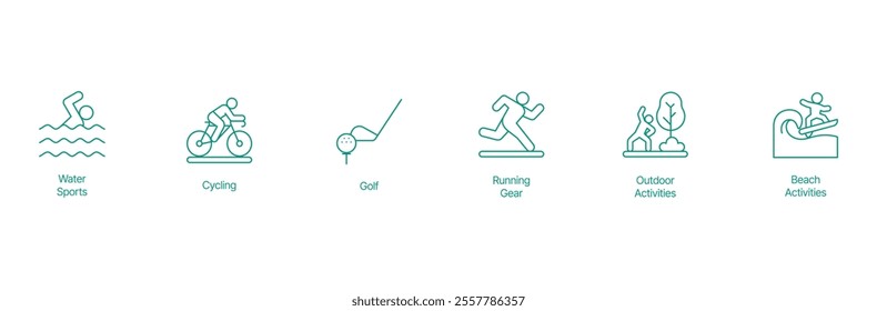 Outdoor Recreation Icon Set - Vector Illustrations for Water Sports, Cycling, Golf, Running Gear, and Beach Activities