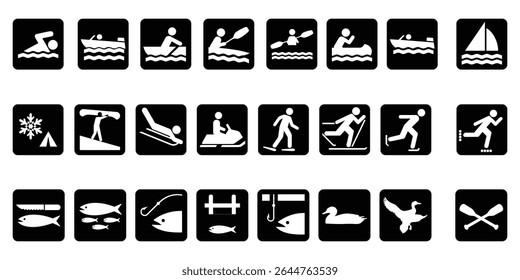 Outdoor Recreation Icon Set – Vector Symbols of Leisure Activities Including Camping, Hiking, Fishing, Biking, Swimming, Sports, Boating, and Nature for Maps, Apps, and Travel Designs