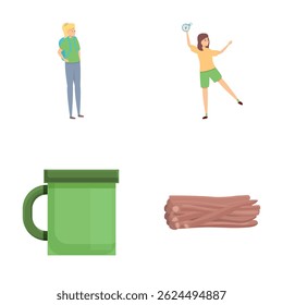 Outdoor recreation icons set cartoon vector. People with recreation equipment. Active lifestyle
