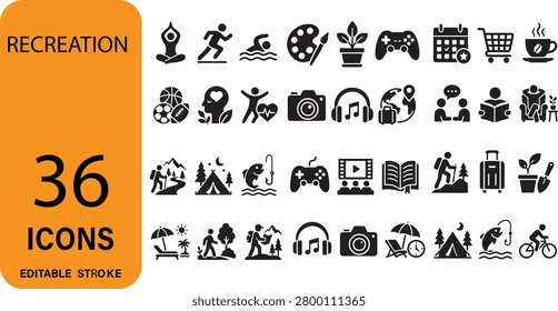 Outdoor Recreation and Indoor Hobbies Solid Glyph Icon Set Featuring Yoga Fitness Running Swimming Artistic Painting Gaming Media Controllers Headphones Camping Tents Wilderness Hiking and Mountain Climbing