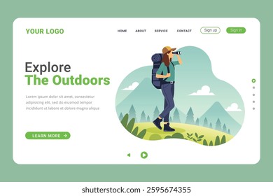 Outdoor recreation landing page. Banner with characters looking at landscape with mountains and forests. Extreme sports, trekking and hiking