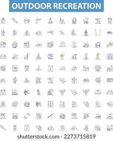 Outdoor recreation line icons, signs set. Hiking, Camping, Fishing, Kayaking, Boating, Cycling, Climbing, Hunting, Swimming outline vector illustrations.