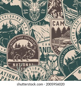 Outdoor recreation seamless pattern consists of monochrome labels and badges with bison deer moose bear tourist tent backpack nature landscapes travel car and motorhome vector illustration