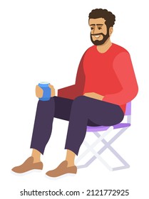 Outdoor recreation semi flat RGB color vector illustration. Bearded man sitting on camping chair with drink isolated cartoon character on white background