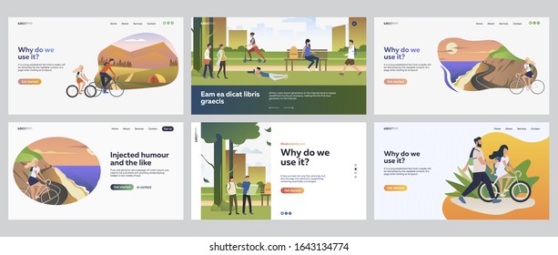Outdoor recreation set. People riding bikes, walking in city park. Flat vector illustrations. Active lifestyle, adventure, activity concept for banner, website design or landing web page