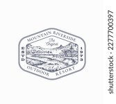Outdoor Recreation Vacation Frame Badge Logo Template. Hand Drawn Mansion Building near River and Mountains Landscape Sketch with Retro Typography and Borders. Vintage Sketch Emblem. Isolated