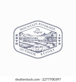 Outdoor Recreation Vacation Frame Badge Logo Template. Hand Drawn Mansion Building near River and Mountains Landscape Sketch with Retro Typography and Borders. Vintage Sketch Emblem. Isolated