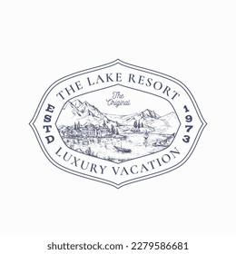 Outdoor Recreation Vacation Frame Badge Logo Template. Hand Drawn Mansion Building near Lake and Mountains Landscape Sketch with Retro Typography and Borders. Vintage Sketch Emblem. Isolated