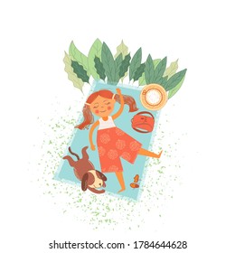 Esparcimiento al aire libre. Personajes de dibujos animados vectores - una chica y su perro descansando en el césped.